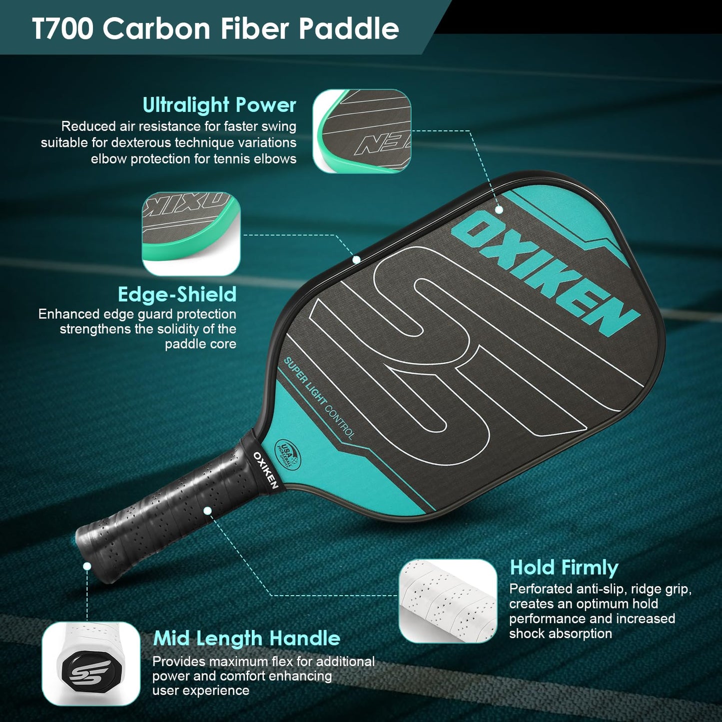OXIKEN 16 mm Pickleball Paddles USAPA Approved T700 Carbon Fiber Surface (CFS) 8.3oz Pickle Paddle, Thermoformed High Grit & Spin, 5.5” Elongated Handle, Anti Slip Sweat Absorbing Grip with Cover Case