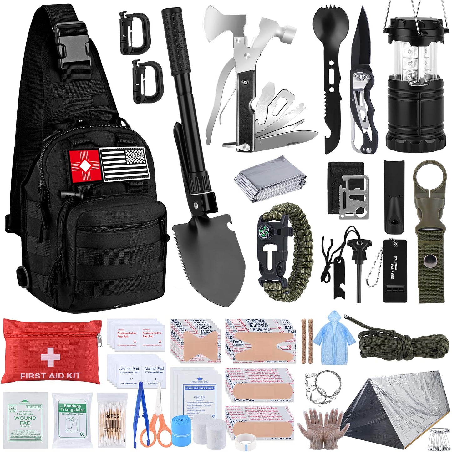 Survival Kit, Gifts for Fathers Day Men, Women, 251pcs Emergency Survival Gear and Supplies Equipment, First Aid Kit with Crossbody Bag, Camping Essentials for Earthquake, Hiking, Outdoor Adventure