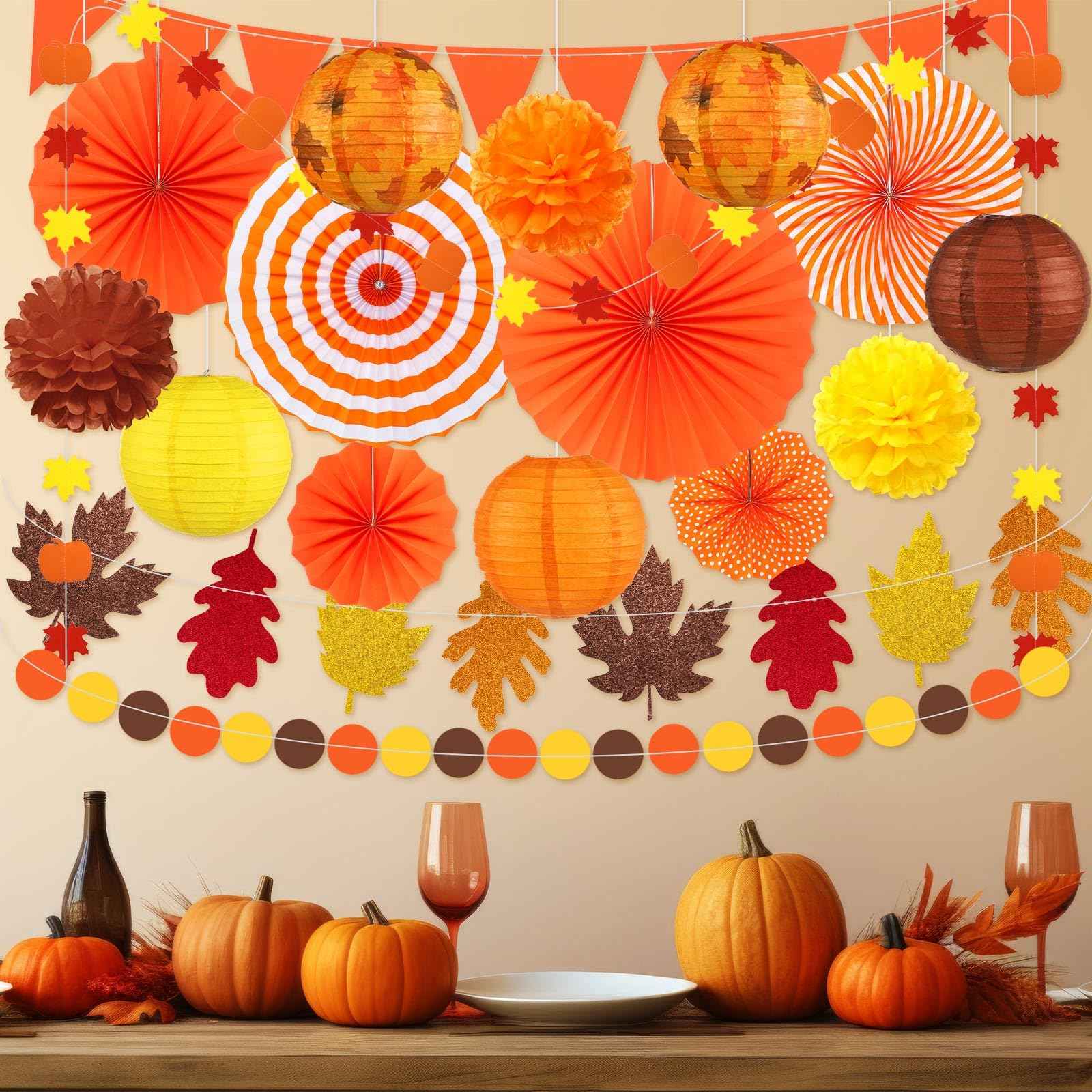 Yexiya 18 Pcs Fall Party Decoration Includes Fall Paper Lanterns Autumn Paper Fans Pompoms Maple Leaf Garlands Flower Balls Hanging Ceiling Decorations for Thanksgiving Harvest Wedding