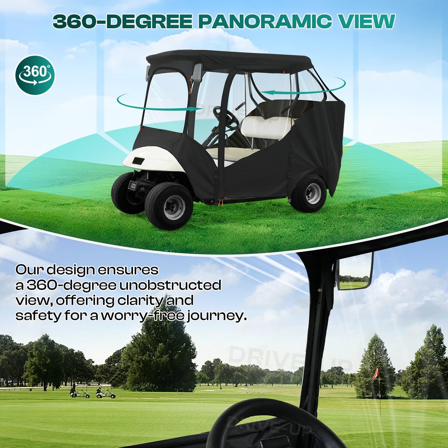 DRIVE UP Upgraded EZGO Driving Enclosure, Golf Cart Enclosure Fits for 2 Passengers EZGO RXV and TXT Golf Cart, 600D Waterproof Golf Cart Rain Cover with 2 Zippered Doors & 4-Sided Clear PVC Windows