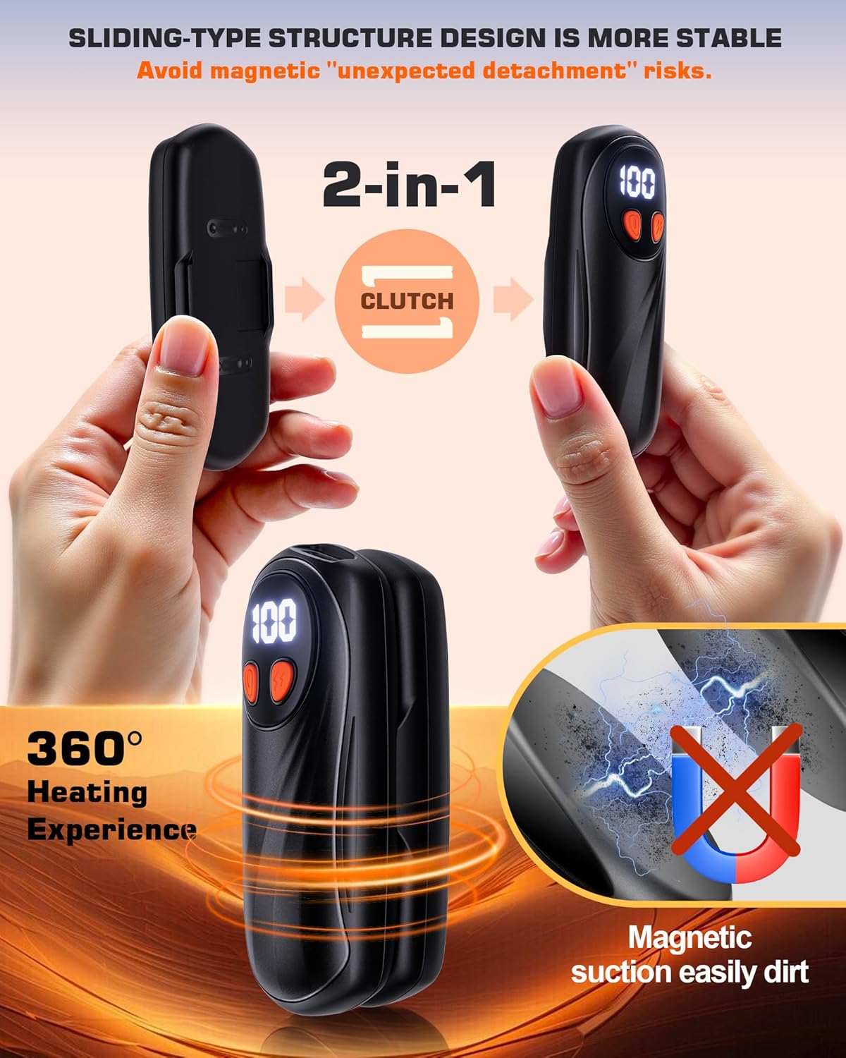 Skiennix Rechargeable Hand Warmers - 6000mAh Electric Heat, 2 Pack, Sleek Silver Design