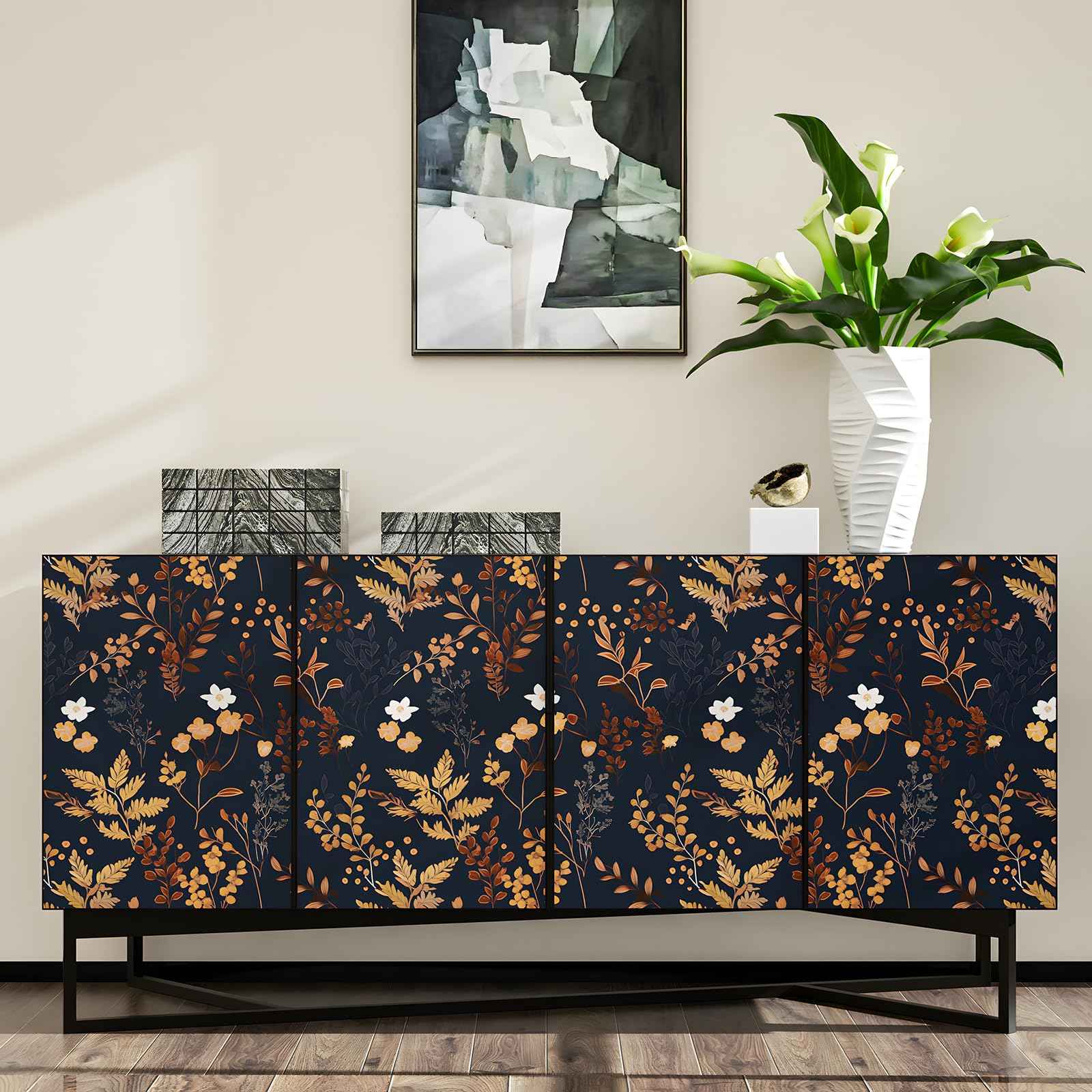 XRUIBZI Dark Blue Floral Wallpaper Peel and Stick Wallpaper Leaf Wallpapers Gold Leaf Contact Paper for Cabinets Waterproof Self Adhesive Wall Paper for Kitchen Countertop Wall 17.5" x 118"