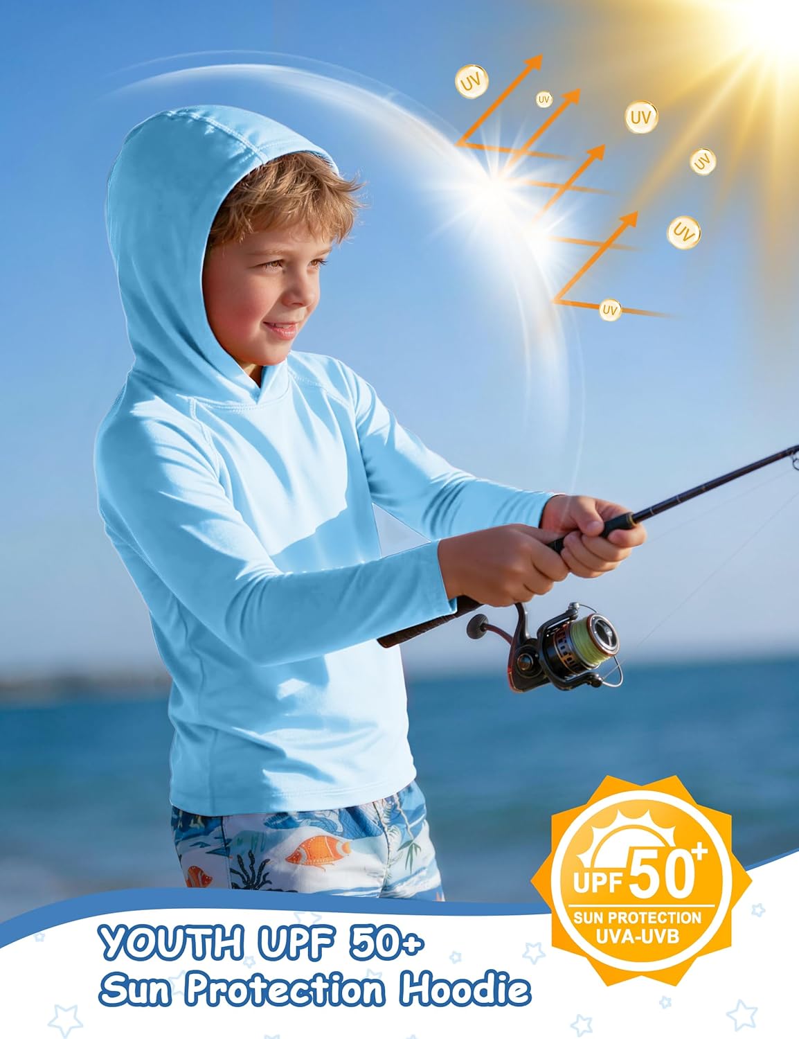 Skiennix Boys Hooded Long Sleeve Rash Guard | Youth UPF 50+ Sun Protection Swim Shirt