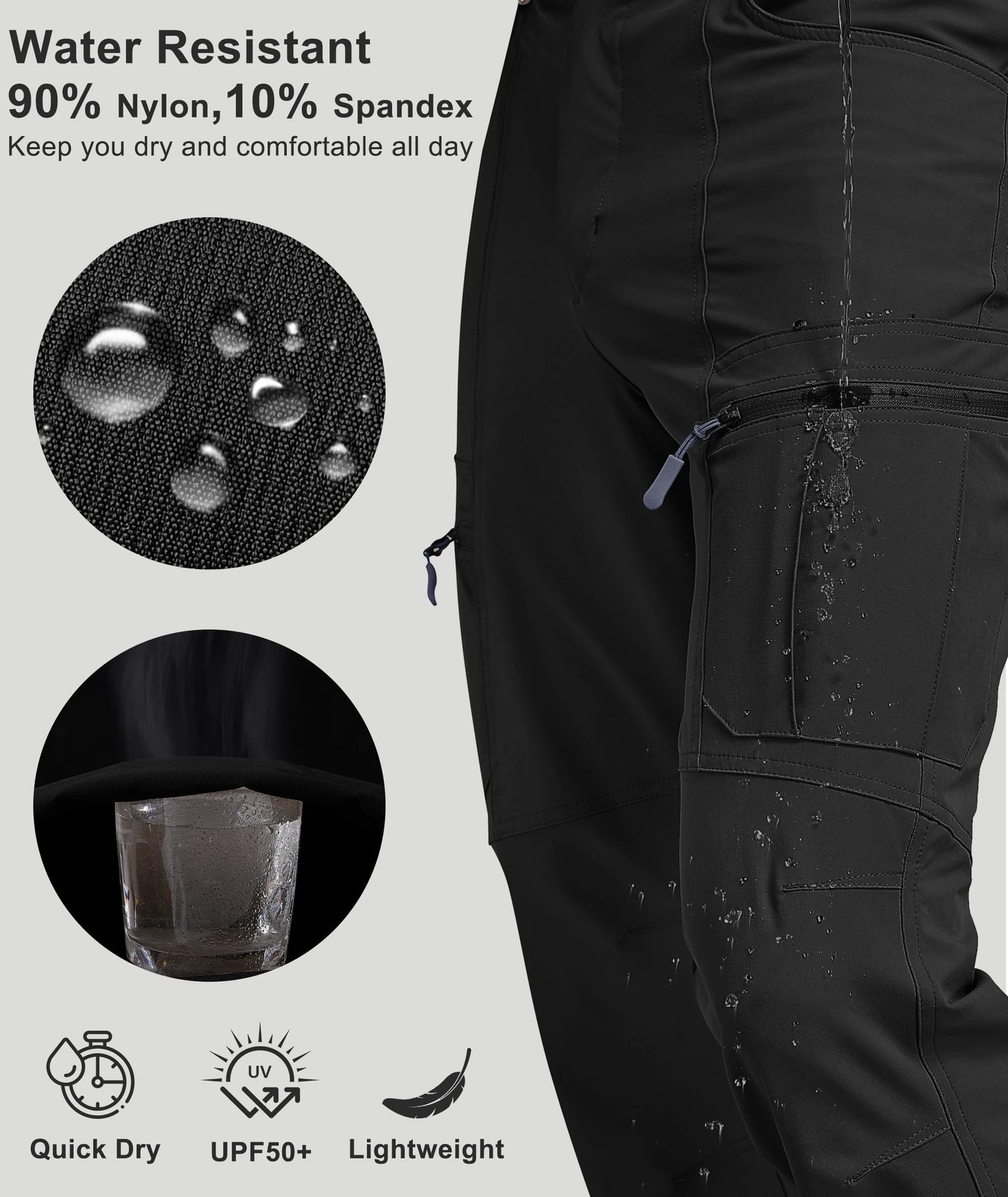 Buyboxs Mens Hiking Pants Water Resistant Ripstop Cargo Pants Lightweight Nylon Quick Dry Outdoor Tactical Work Travel Pants 6 Pockets Black 34W*30L