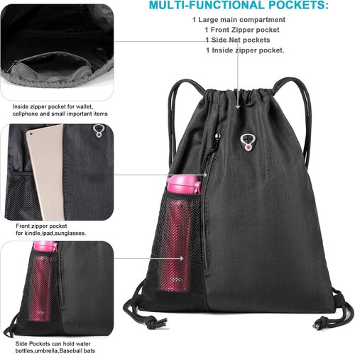 BeeGreen Black Drawstring Gym Bag - Large Sports Backpack with Water Bottle Pocket & Front Zippered Pocket