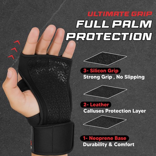 FITNESS FORCE Ventilated Weightlifting Gloves Workout Gloves for Men & Women with Built-in Wrist Wraps Fingerless Gym Gloves for Men Perfect for Exercise Fitness, Weight Lifting (Black, Medium)