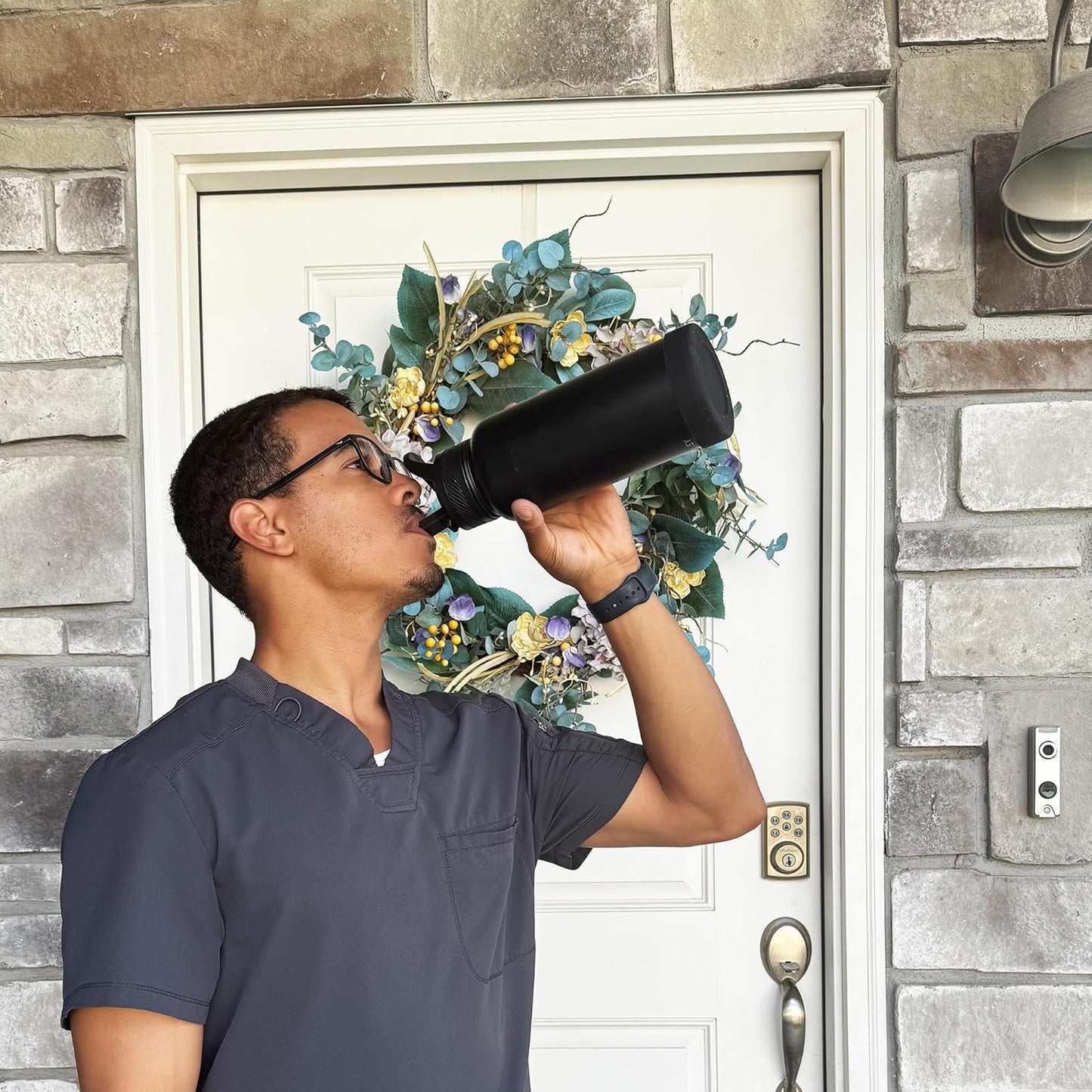 OLDLEY 40 oz Insulated Water Bottle - Stainless Steel Sports Flask with 3 Lids | Black Travel Mug