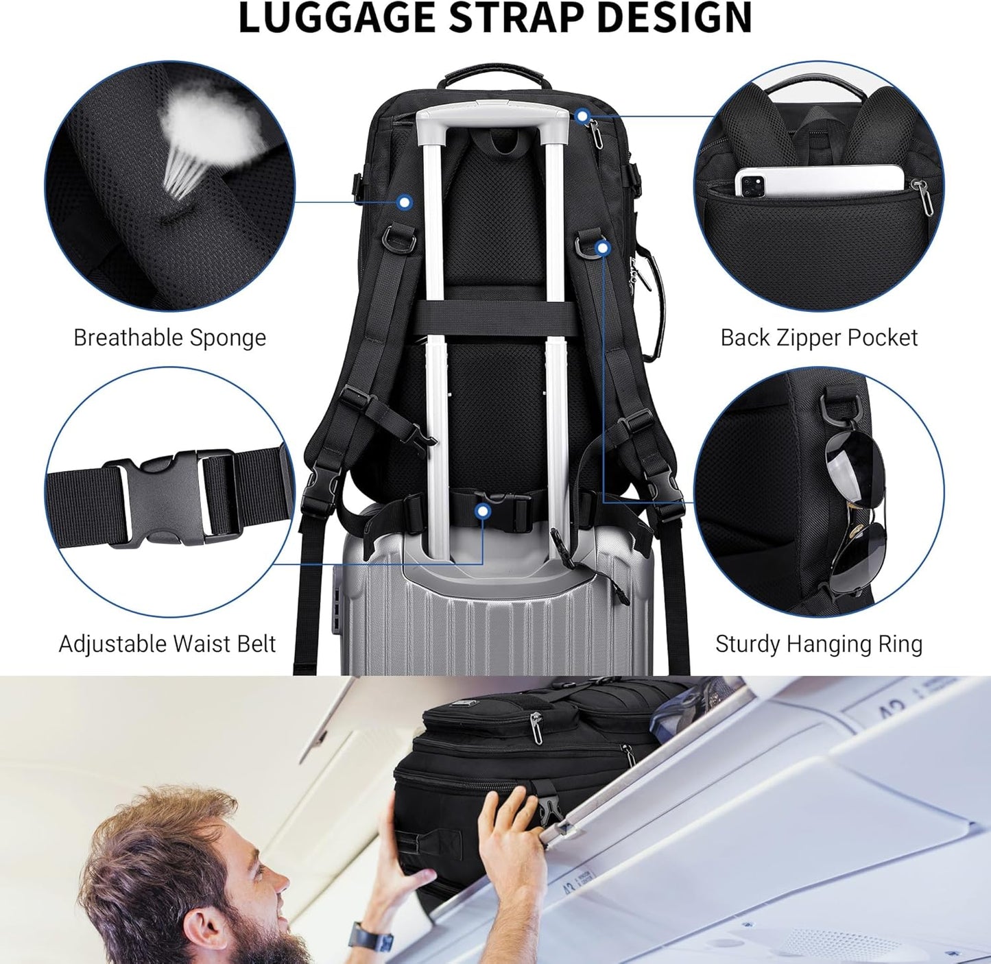 WITZMAN 45L Convertible Travel Backpack - Large 3-in-1 Design for 17-Inch Laptops | Airline Approved (B688 Black)