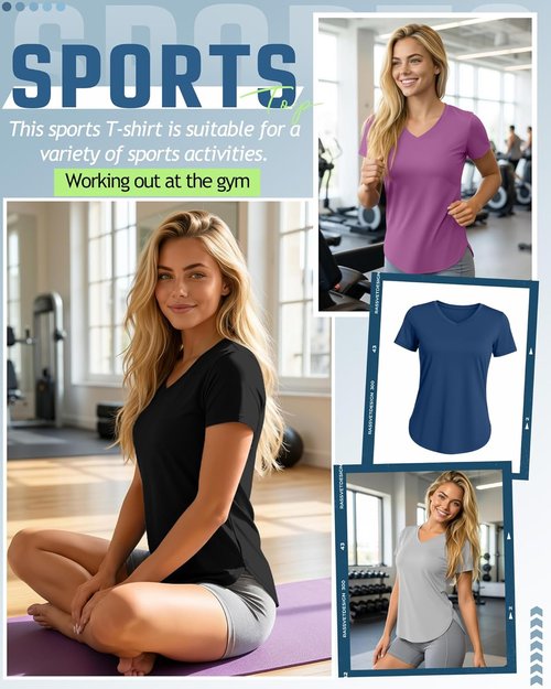 Locoowai Women's Workout Shirts - V-Neck Quick Dry Tops with UPF 50+ Protection | 5-Pack Short Sleeve Tees