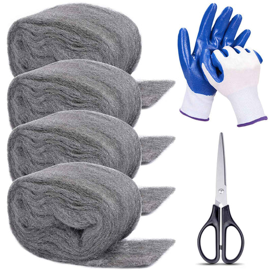 Apalie 4Pack Steel Wool for Mice Control 3.2" x10.5 ft Wool, Gap Filler for Home & Garage, DIY Bundle with Gloves & Scissors