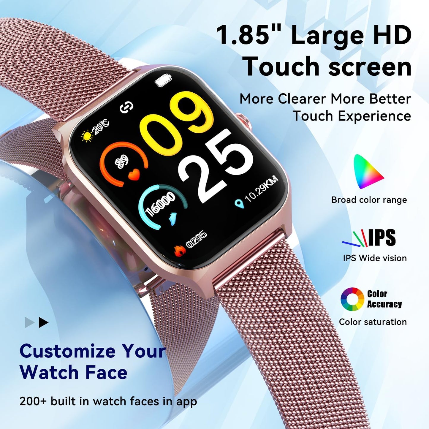Skiennix Smart Watch | Women's Fitness Tracker - Rose Gold, Bluetooth, Waterproof, Heart Rate Monitor