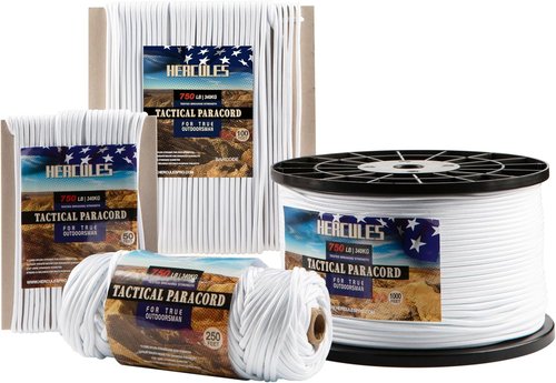 HERCULES 750lb Paracord | 4mm Tactical Parachute Cord - Durable Utility Rope for Camping & Survival (White, 50FT)