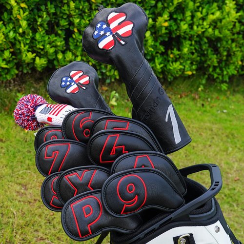 Craftsman Golf 10pcs Red No. on Both Sides Magnetic Closure Classic Black Leather Iron Headcover Covers Set Travel Cases Protector Available Custom with Name