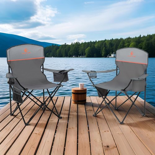 ALPHA CAMP Heavy Duty Camping Chairs - 350LBS Capacity with Cooler Bag & Cup Holder | Portable Black 2PC Set