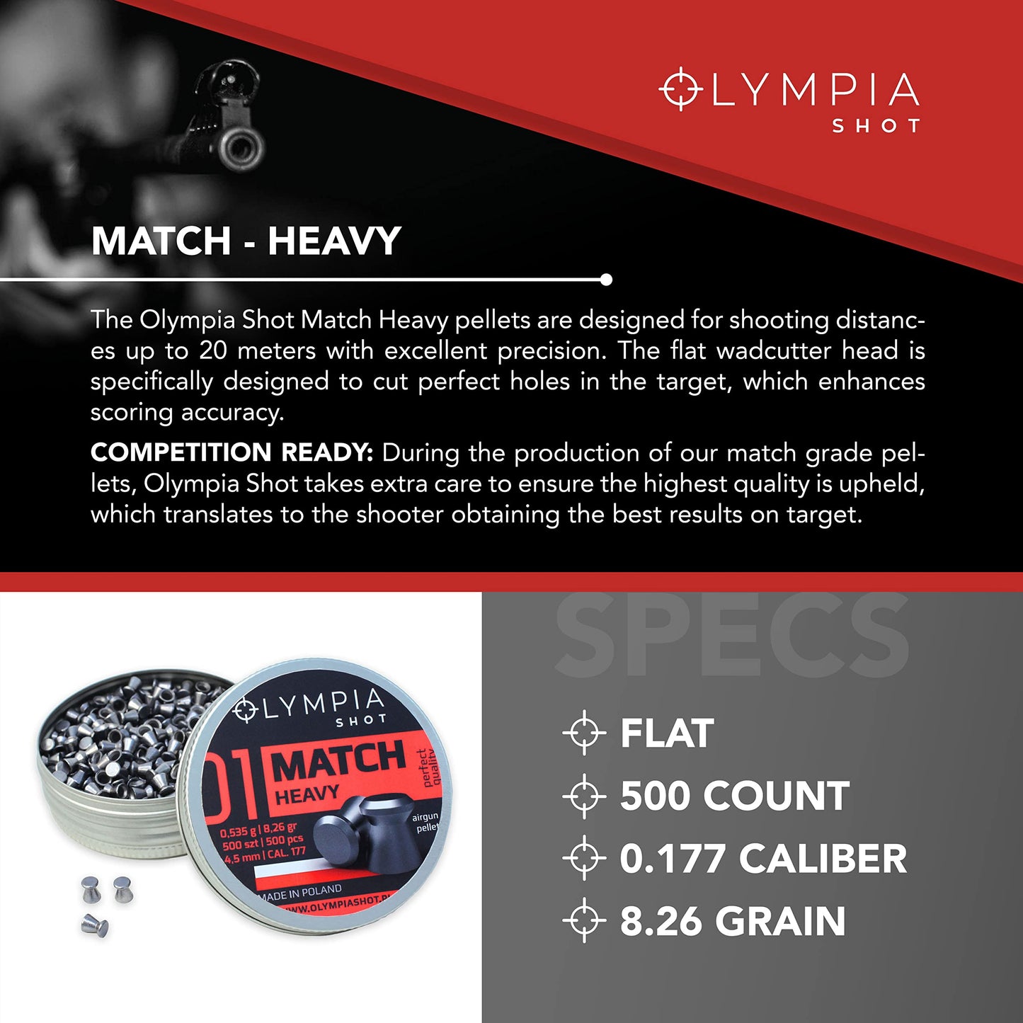 Olympia Shot Match Heavy Air Gun Pellets | .177 Caliber (4.5 mm), 8.26 gr | Flat Wadcutter Head for Competition Target Shooting | 500 Count