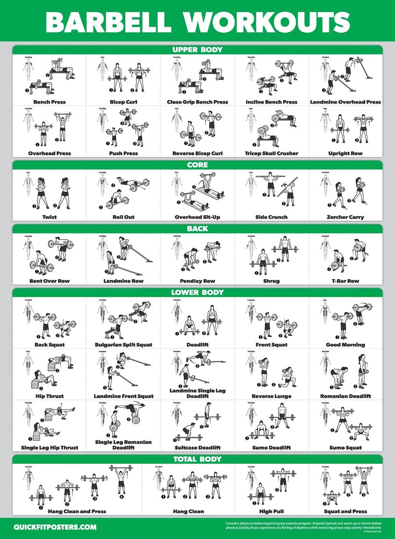 Palace Learning 4 Pack - Dumbbell, Barbell, Bodyweight & Kettlebell Workouts - Set of 4 Laminated Charts (18” x 24”)