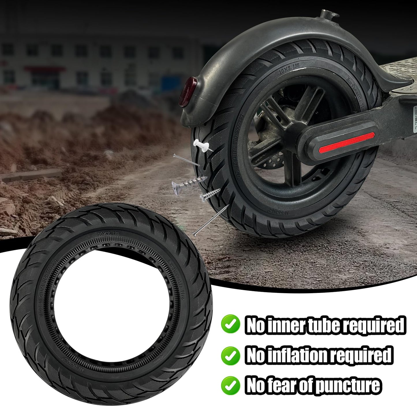 KTUMININV 10x2.125 Scooter Tire,10x2/54-152 electric Rubber Solid Tire for Gotrax G4/XR/V2 Ninebot F25/F65 Electric Scooter Front and Rear Replacement (2 Pack Black)