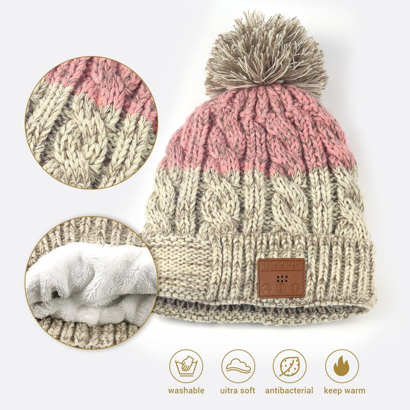 Wewow Bluetooth Beanie for Women, Beanie with Bluetooth Headphones and Microphone, Thick Winter Music Hat, Outdoor Homes and Gifts, Pink