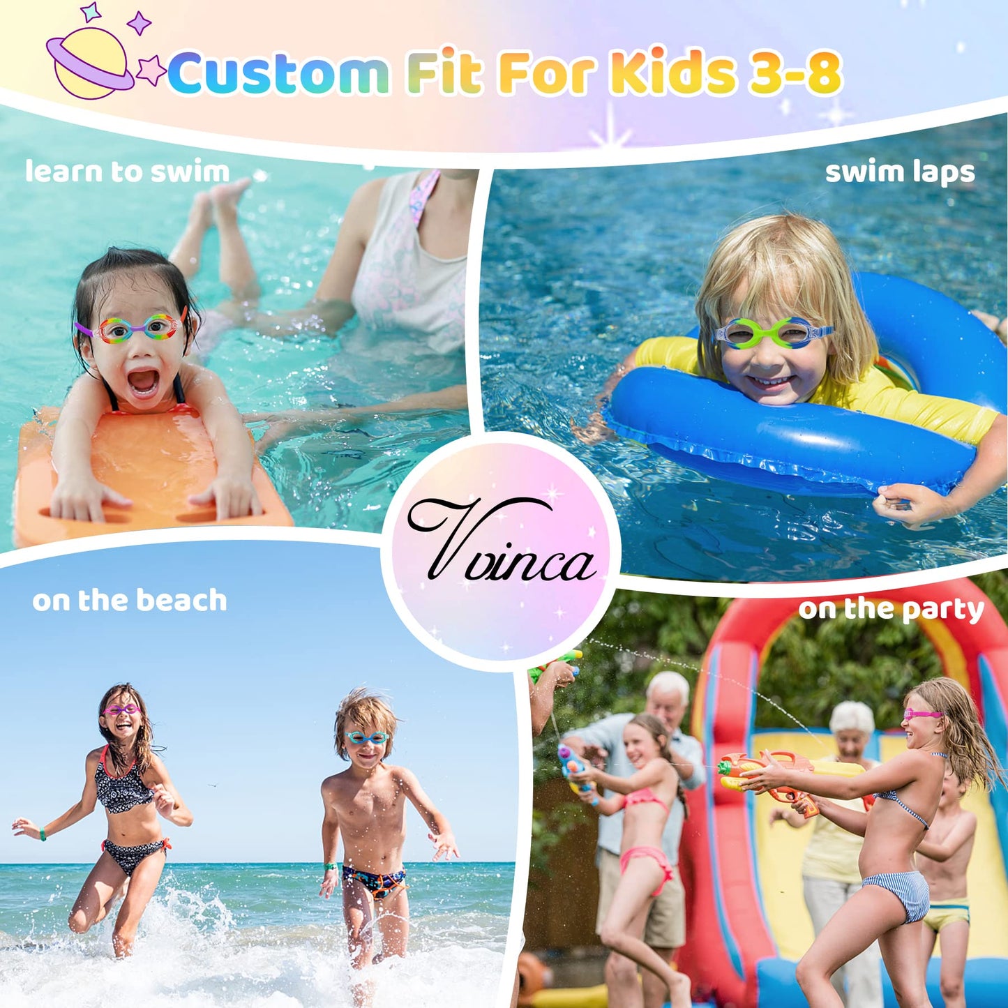 Vvinca Toddler Swim Goggles with Fabric Strap Cover, Rainbow Toddler Goggles 3-5 Year Old, Anti-Fog Clear View No Leak Girls Swimming Goggles No Tangle, Pain Free Water Pool Glasses