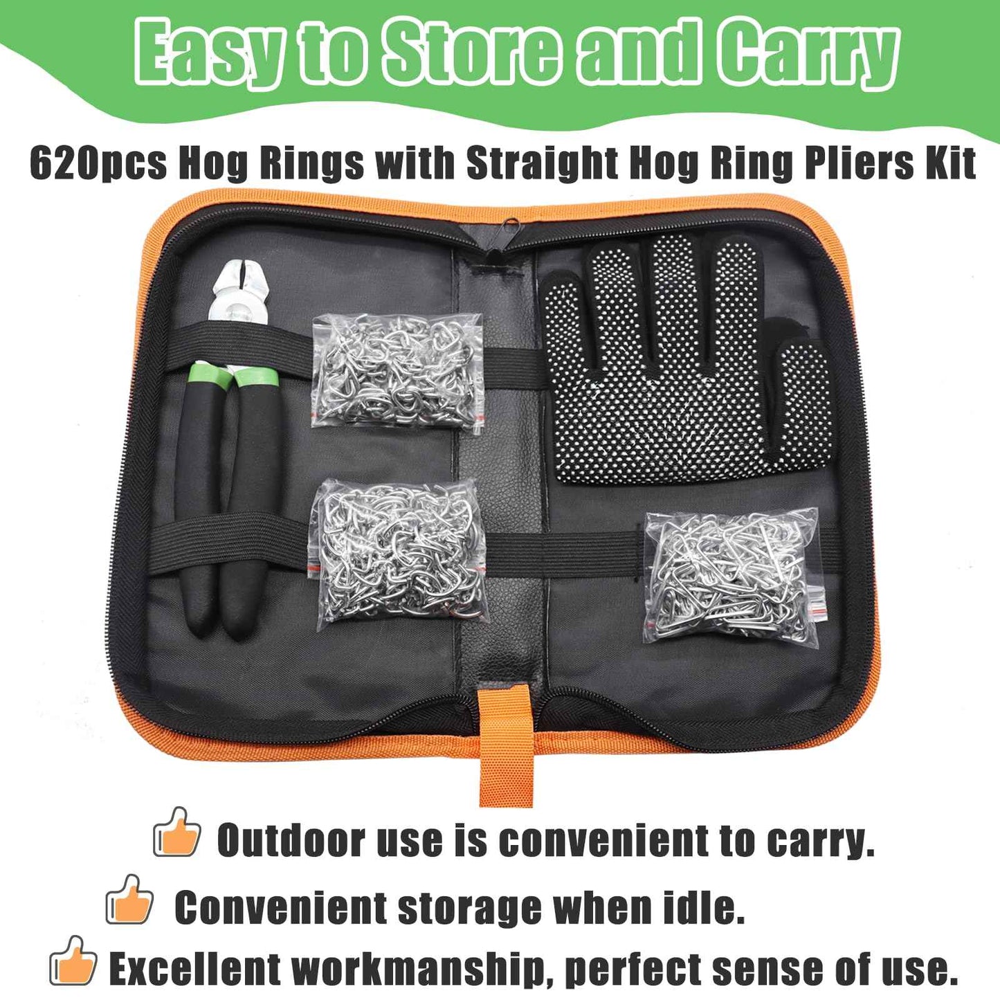 Ruibapa 620 Pcs Hog Rings with Straight Hog Ring Pliers Kit with Leather Tool Kit, 3/4" 1/2" 3/8 "Galvanized Hog Rings for Animal Pet Cages、Ropes、Bagging、DIY Craft、Furniture