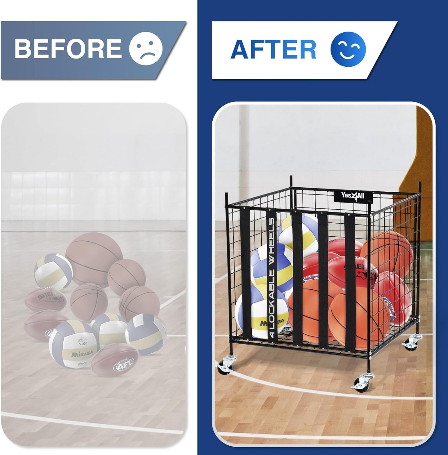 YES4ALL Rolling Ball Cart - Lockable Wheels Sports Equipment Organizer | Ideal for Volleyball & Basketball Storage