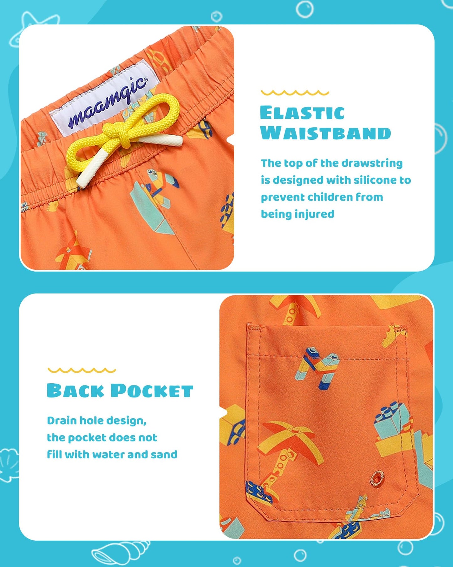 maamgic Boys Swim Trunks with Compression Liner Toddler Stretch Swim Shorts Quick Dry Swimming Trunks Boxer Brief 2 in 1 Beach Shorts Orange Blocks 14/16