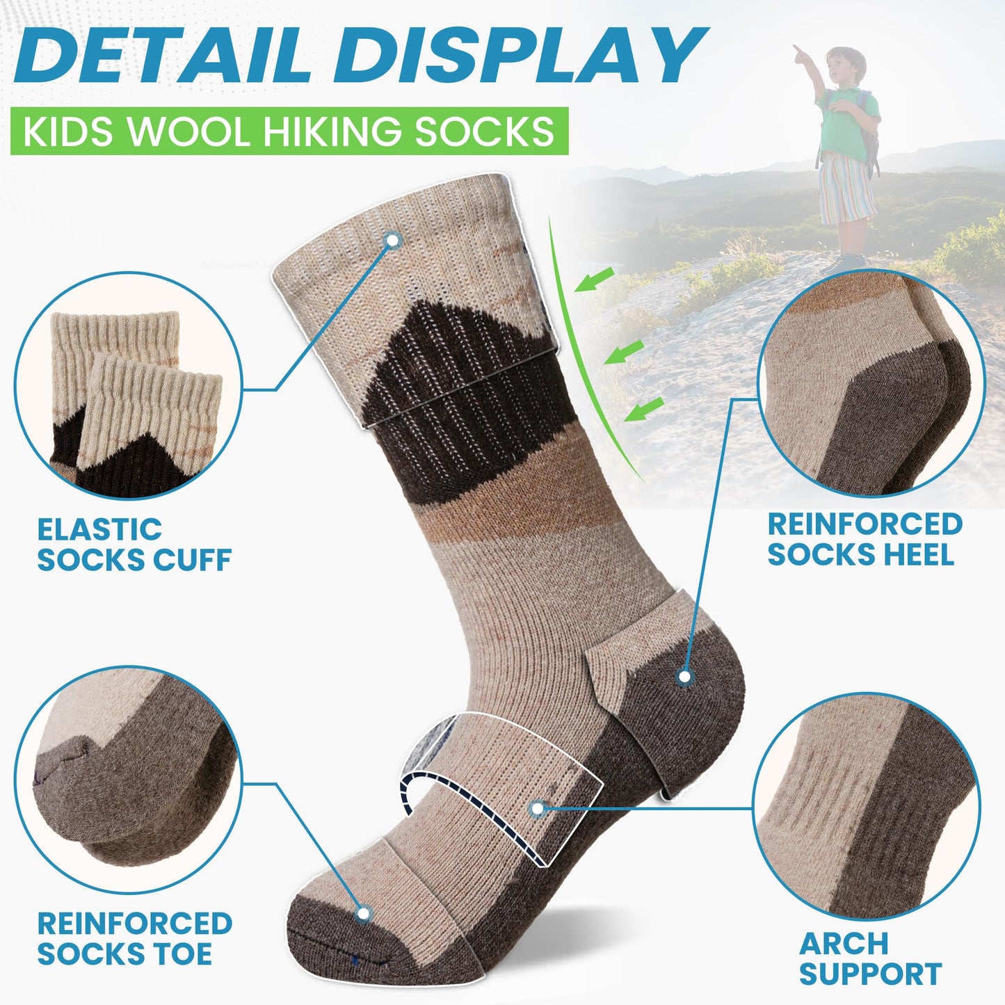 WEVIAS Kids Merino Wool Hiking Socks Boys Thermal Winter Cozy Boot Warm Cushion Socks 6 Pairs (Mountain Range, 8-12 Years)