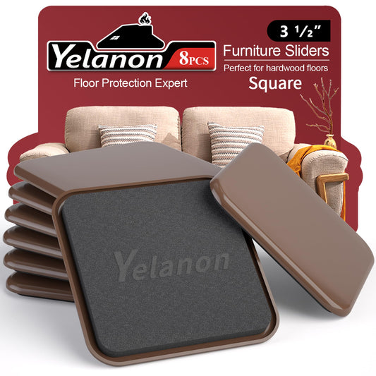Yelanon 8pcs-3 1/2” Square Furniture Sliders for Carpet Furniture Pads Hardwoods Floors, Heavy Duty Furniture Movers Sliders,Furniture Moving Pads,Brown