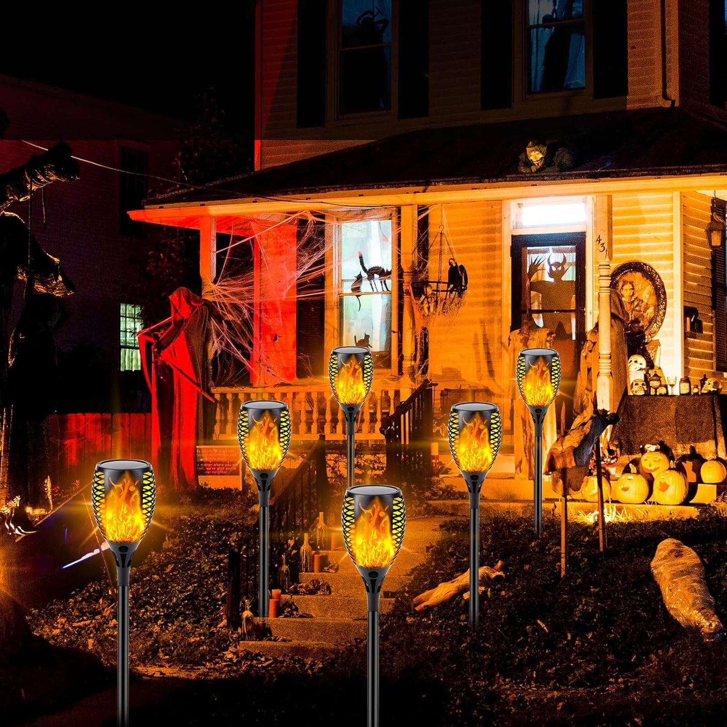 10 Pack Mini Solar Torch Lights - Flickering Flame Outdoor Decor for Halloween, Waterproof Solar Garden Pathway Lights