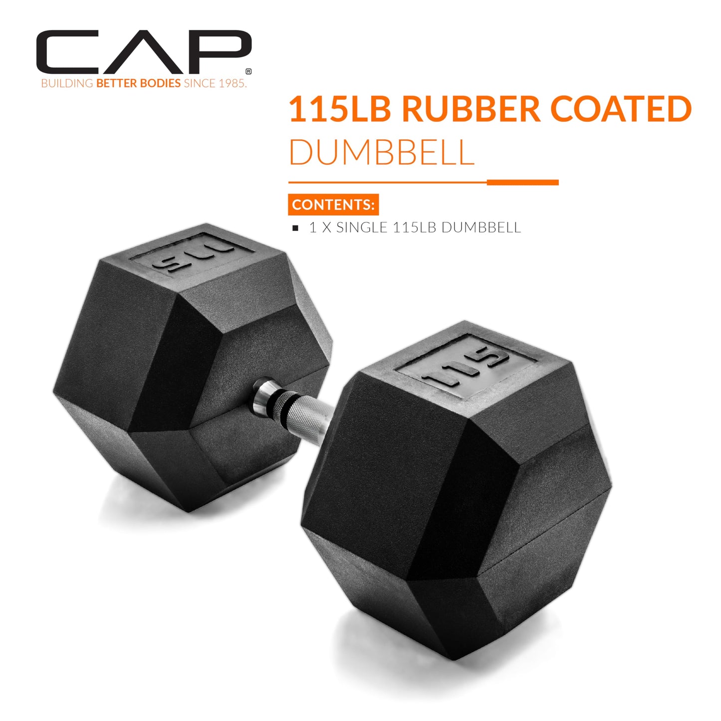 CAP 115 LB Rubber Coated Hex Dumbbell Weight, Rubber Free Weights for Home Gym Strength Training, Chrome Handle, Single
