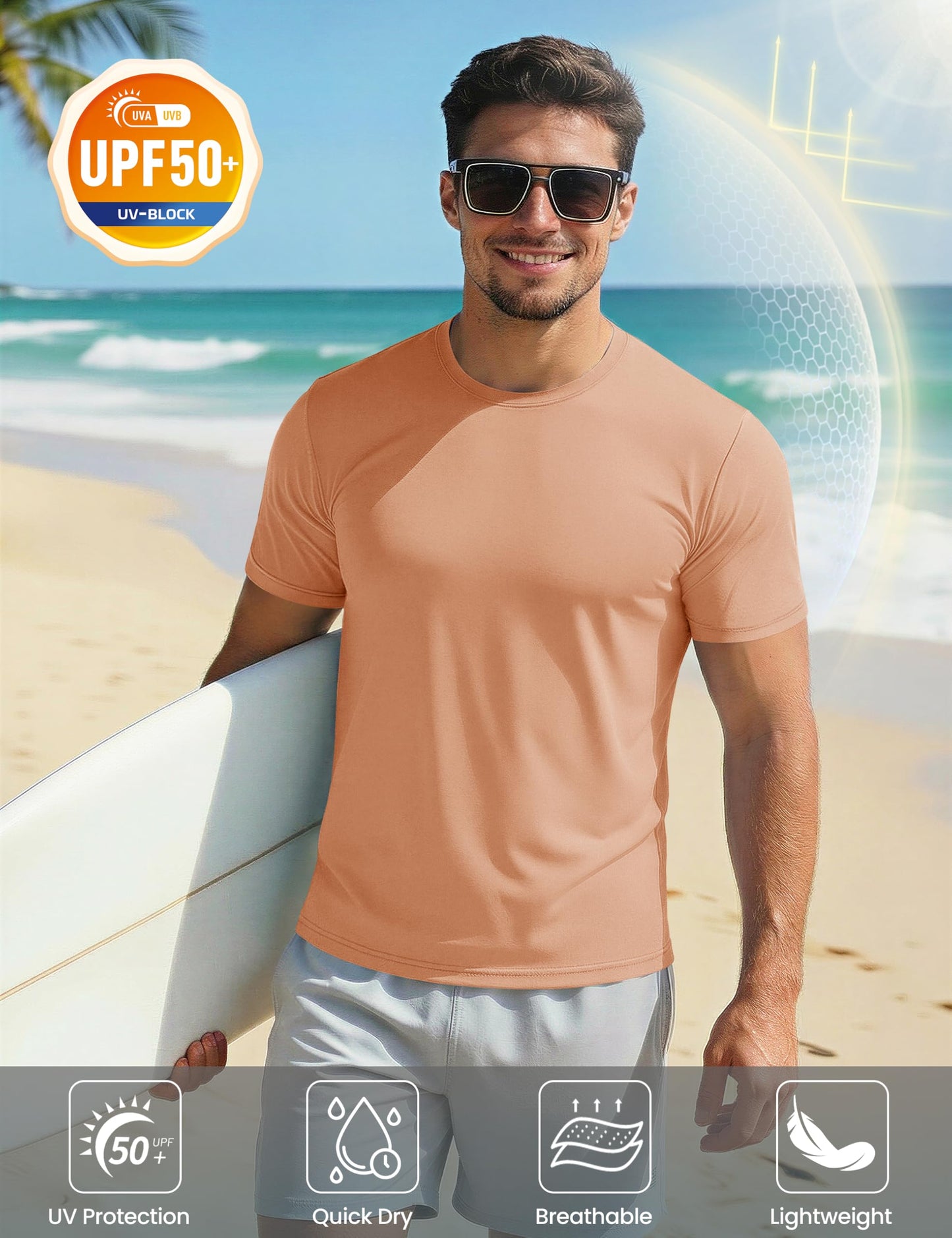 Mens Short Sleeve T Shirts Dry Fit Shirts Summer T Shirts UV Protection UPF 50 Shirts Athletic Active T-Shirt Apricot M