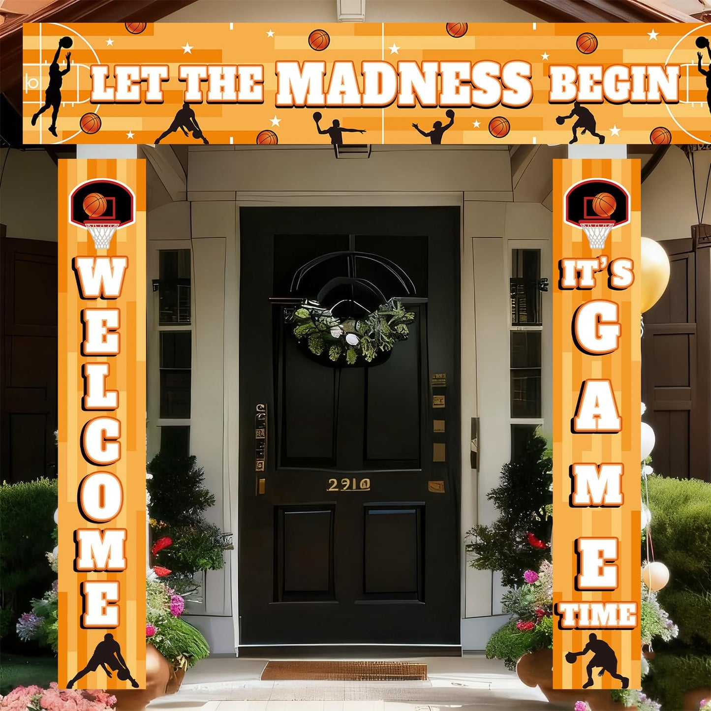 Basketball Party Decorations,3Pcs Let The Madness Begin Fence Cover Hanging Welcome It's Game Time Porch Sign for March Madness Basketball Theme Party Supplies Indoor Outdoor.