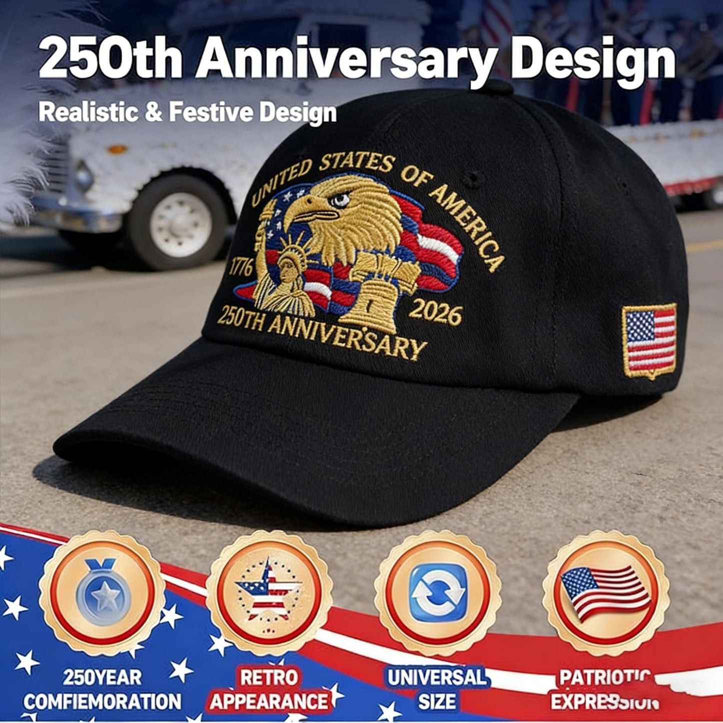 250 Anniversary USA Hat, Patriotic Embroidered Baseball Cap, for Dad, Patriot Cap 1776-2026 Black