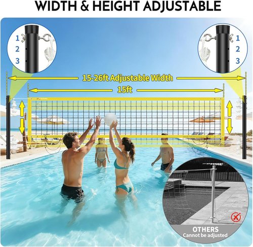 Base Free Pool Volleyball Net Set - Adjustable 15-26 Ft Length & 3 Heights | Includes 2 Volleyballs & Carry Bag