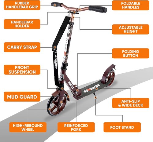 Hurtle Renegade Kick Scooter - 2-Wheel Folding Design with Adjustable T-Bar Handlebar | Anti-Slip Alloy Deck