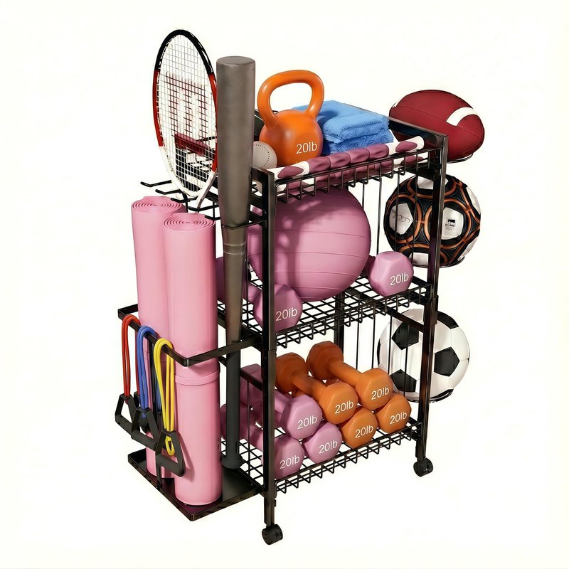 ULAIHOMN Home Gym Storage Rack, 3-Tier Dumbbell Rack with Ball Holder & Side Basket, Heavy Duty Vertical Workout Equipment Organizer for Yoga Mats, Lockable Wheels
