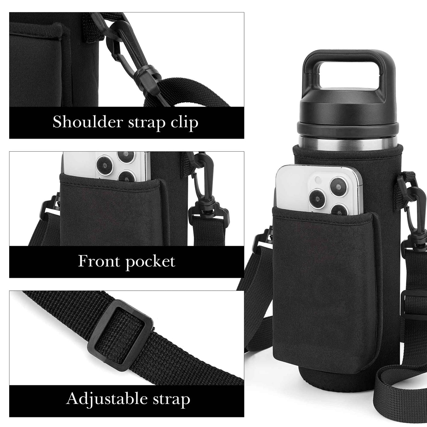 Linkidea Water Bottle Carrier with Strap Compatible with YETI Rambler Bottle 18oz, Yonder 600ml/20oz, Insulated Waterbottle Sling Bag Holder, Shoulder Strap with Phone Pocket (Black)
