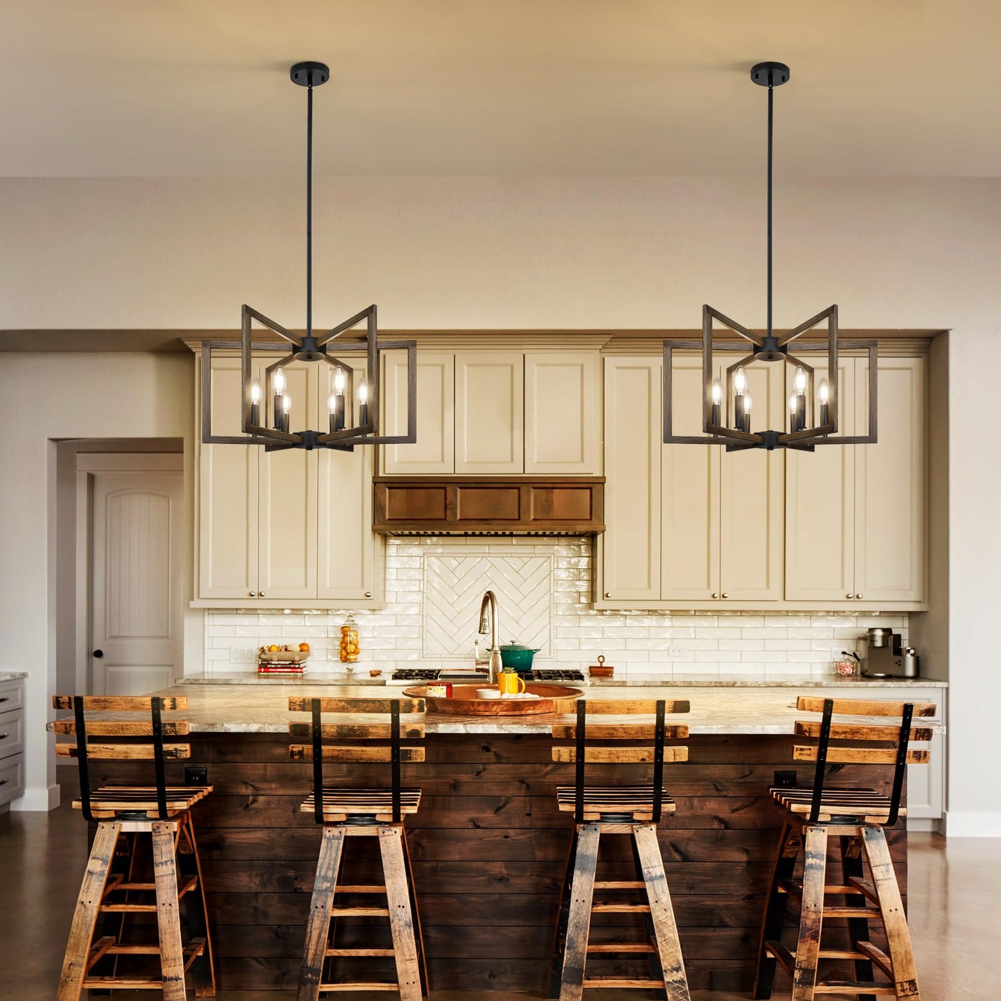 6-Light Kitchen Island Pendant Lights，Modern Farmhouse Kitchen Ideas Light Fixture，Industrial Hanging Chandelier for Dining Room，Wood Grain Finish and Black Chandelier for Foyer