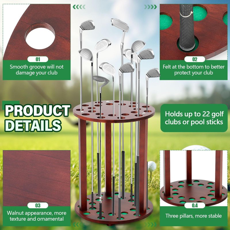 Wonderjune Wooden Golf Club Display Rack Pool Stick Holder Putter Stand for 22 Multiple Golf Club Organizer for Home Office(Walnut,Innovation)