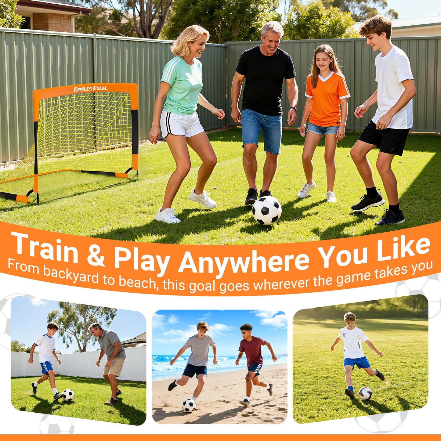 Dimples Excel Soccer Goals Kids Net for Backyard 7x5, 5x3.6, 4x3, 3x2.2 FT