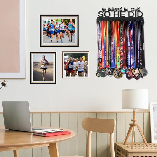 Goutoports Medal Holder Display Hanger - "She Believed She Could" Personalized Wall Hanger | Sturdy Black Steel for 60+ Medals