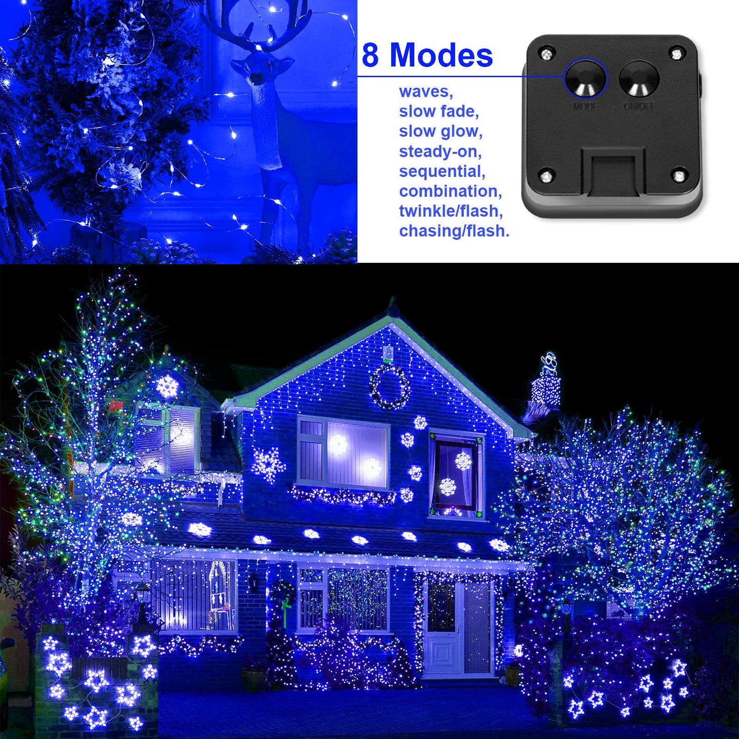 YAOZHOU Blue Solar Christmas String Lights Outdoor Waterproof, 2Pack Total 200Led 66Ft 8 Modes Copper Fairy Lights for Halloween Garden, Patio, Fence, Balcony, Outdoors