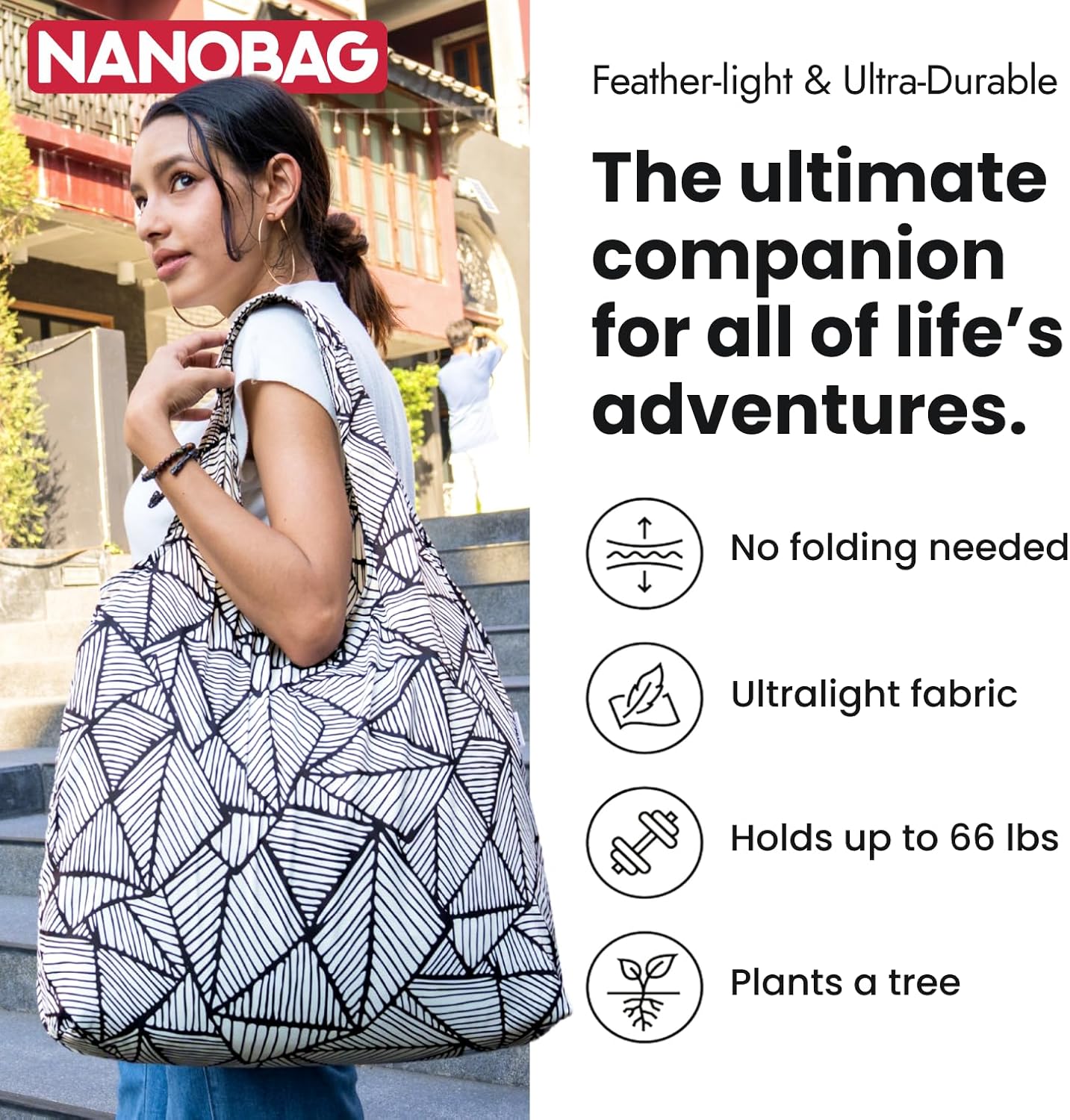 Nanobag Ultralight Tote - Heavy Duty Foldable Reusable Grocery & Travel Bag | XL Compact Black