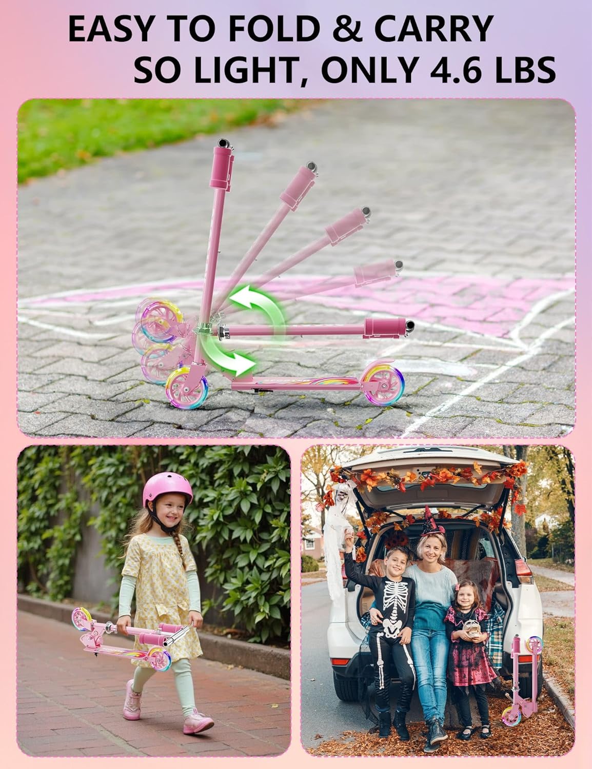 Skiennix Kids Kick Scooter - Adjustable 3-Level Height, Lightweight & Foldable - Pink LED Lights