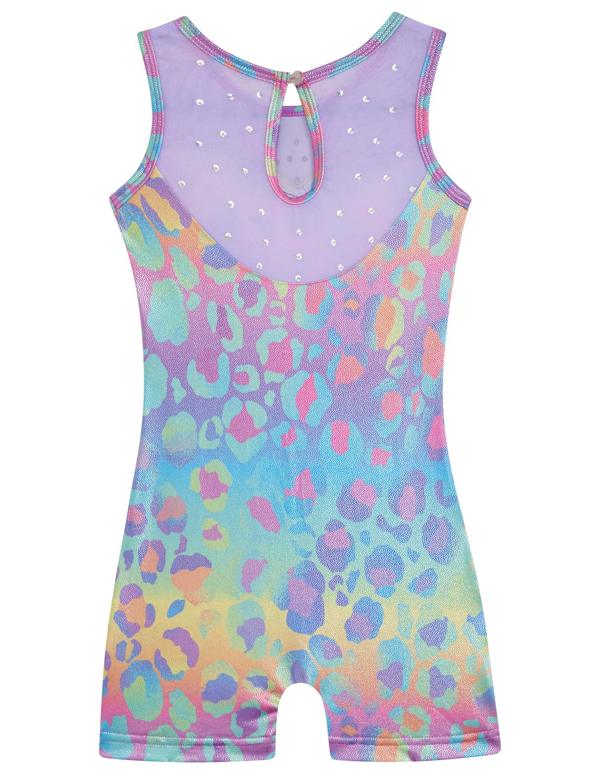 HOZIY Girls Leotards for Gymnastics 4t 5t Mesh Neckline with Iridescent Rhinestones Back Cut Out Sleeveless Colorful Leopard Biketard Shorts Tumbling Outfits Toddler Kids Sparkly Shiny