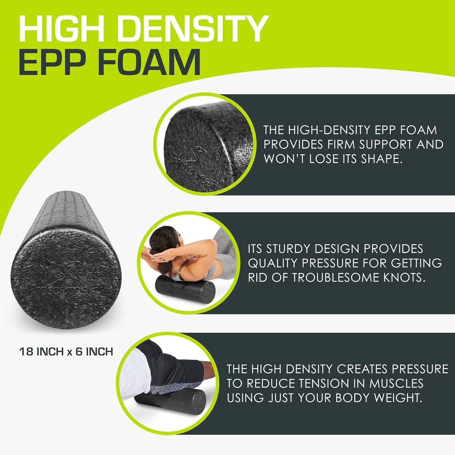 ProsourceFit High Density Foam Roller - 18 Inches Long | Firm Massage Tool for Yoga & Post Workout Recovery - Black