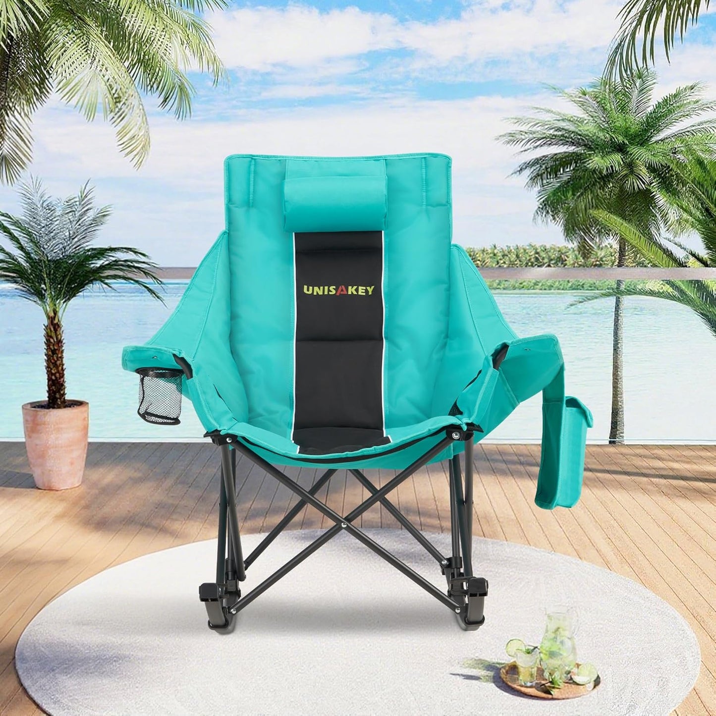 Unisakey Oversized Rocking Camping Chair - 400lbs Capacity, Headrest & Cup Holder, Portable Outdoor Rocker in Black/Green