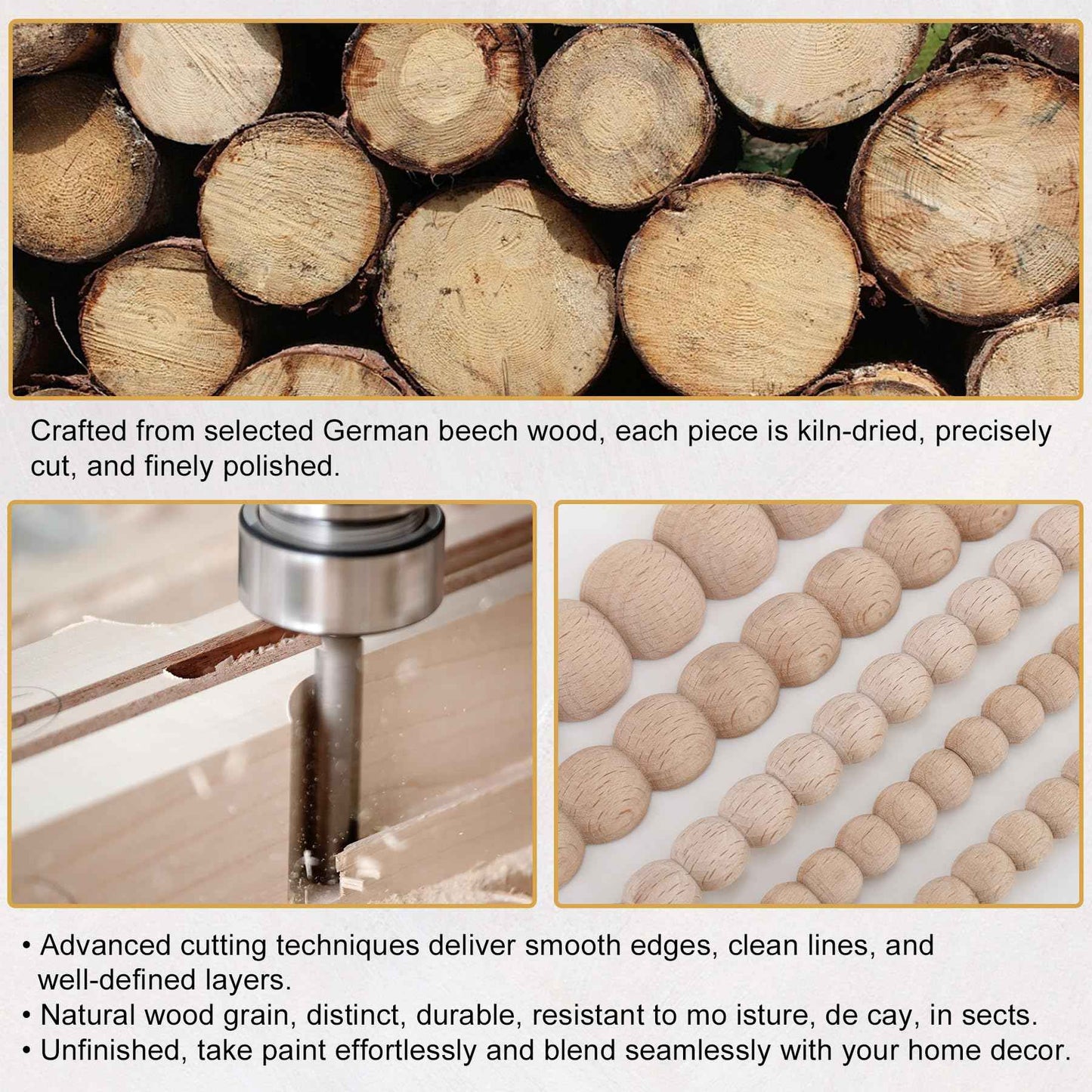 Soengsau 15-Pack 15.75" Unfinished Wood Beaded Trim - Easy to Paint, Cute Decorative Molding DIY Craft for Furniture Frame, Mirror Edge, Wall, Door, Closet, Dresser, Shelf