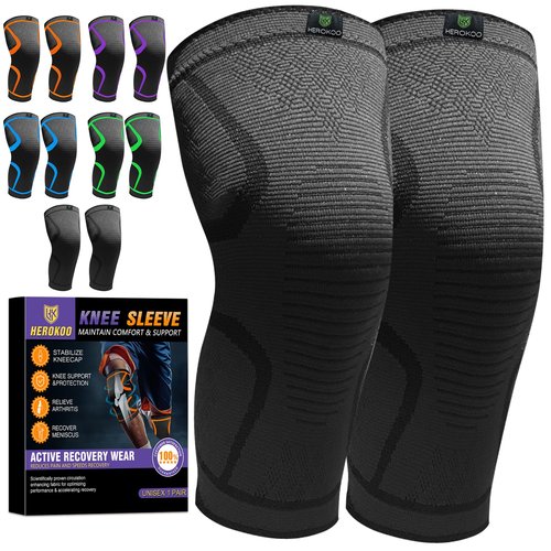 Herokoo 2 Pack Knee Braces for Running Knee Pain, Compression Knee Brace for Women & Men, Knee Sleeve, Sports Knee Braces for Meniscus Tear, ACL & Arthritis Pain Relief (Black, Large)