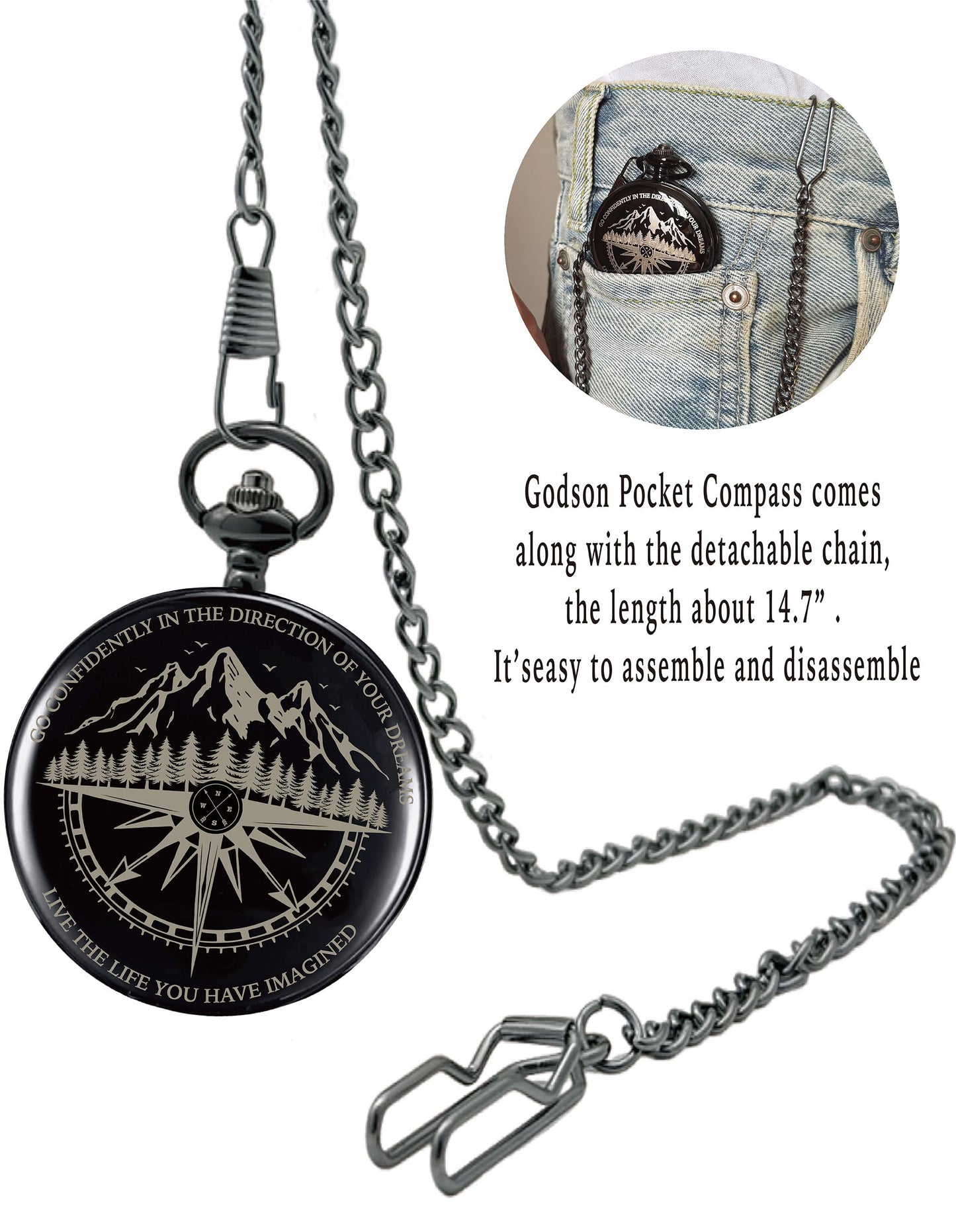 Godson Gifts from Godmother Godfather, Go Confidently Pocket Compass Engraved Black, to My Godson Pocket Token, Inspirational Keepsake Gifts Ideas for Godson Birthday Graduation Christmas Baptism